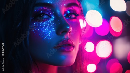 A close-up portrait of a woman with vibrant makeup and colorful bokeh background.