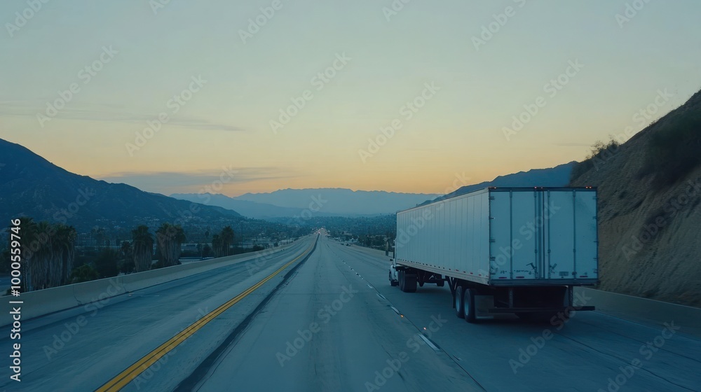 A truck drives along an empty highway at sunset, showcasing a serene landscape. A truck drives along an empty highway at sunset, showcasing a serene landscape.