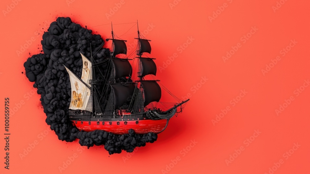 Black Galleon Ship in Red Ink Abstract Art Surrealism Minimalist Black Galleon Ship in Red Ink Abstract Art Surrealism Minimalist