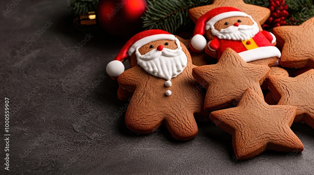 Festive Gingerbread Cookies Santa and Star Shapes on Dark Background Festive Gingerbread Cookies Santa and Star Shapes on Dark Background