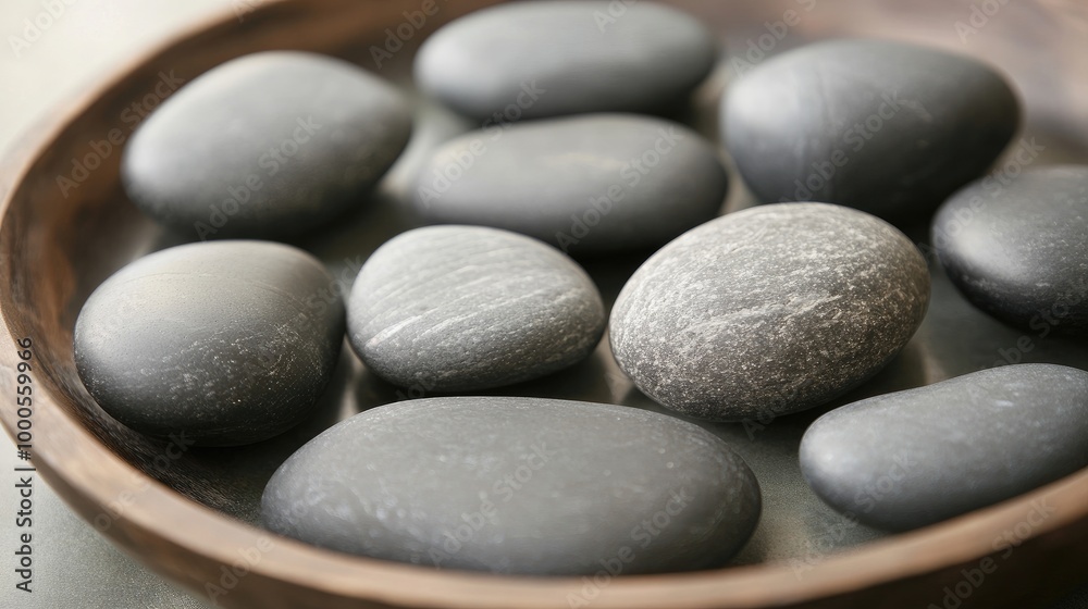 Smooth rounded stones arranged in a calming Zen pattern on a spa table Smooth rounded stones arranged in a calming Zen pattern on a spa table