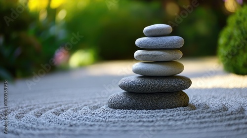 Smooth polished stones in a Zen garden, balanced and carefully arranged for tranquility