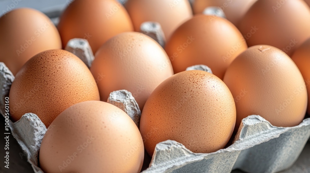A carton filled with brown eggs arranged neatly for storage or sale. A carton filled with brown eggs arranged neatly for storage or sale.