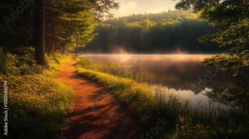 A serene lakeside path surrounded by trees and wildflowers in soft morning light.