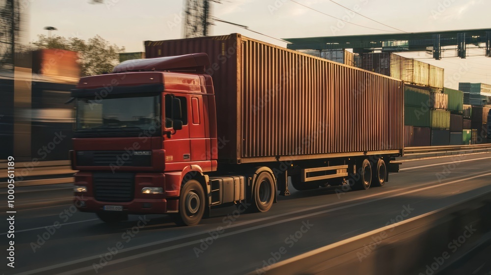 A red truck with a shipping container drives on a road near cargo containers.