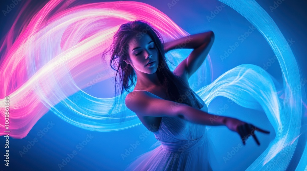 A dancer in a flowing dress, surrounded by vibrant light trails in a dynamic pose. A dancer in a flowing dress, surrounded by vibrant light trails in a dynamic pose.