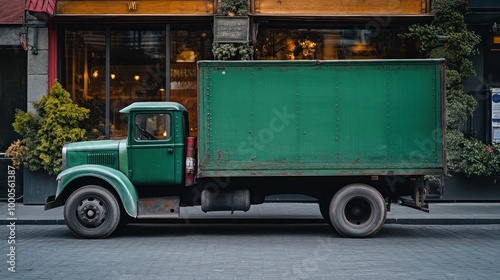 A vintage green truck parked on a city street near a restaurant.