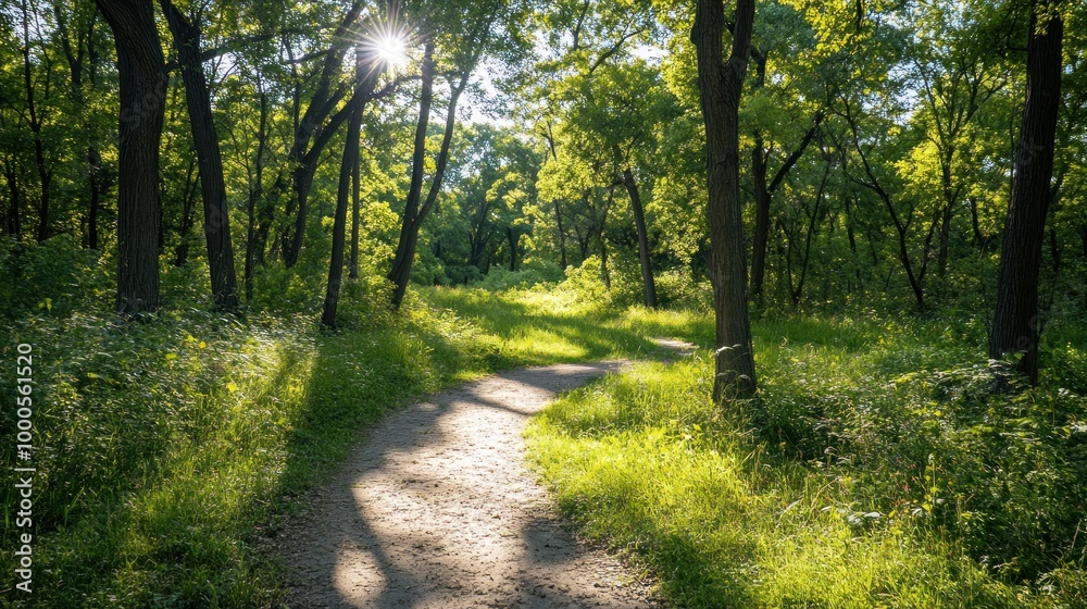 Fototapeta premium A serene forest pathway illuminated by sunlight, inviting exploration and tranquility.