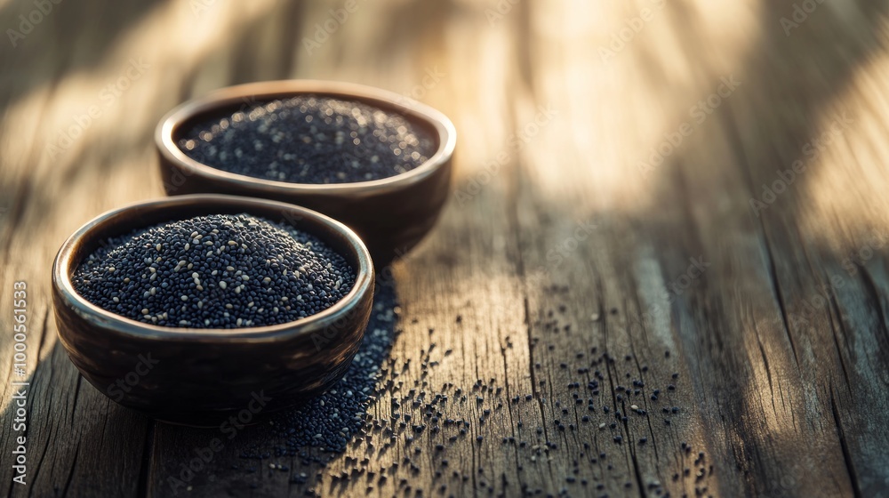 Two bowls of black seeds on a wooden surface, highlighting natural ingredients. Two bowls of black seeds on a wooden surface, highlighting natural ingredients.
