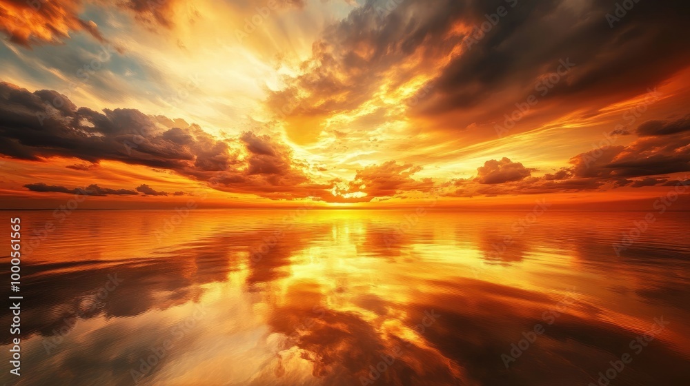 Fototapeta premium Vibrant golden sky with swirling clouds and fiery hues at sunset, reflecting on the ocean's surface