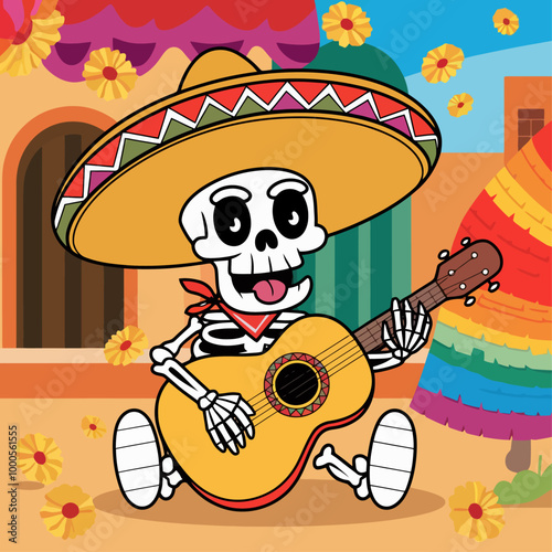 Festive skeleton playing guitar in a colorful setting