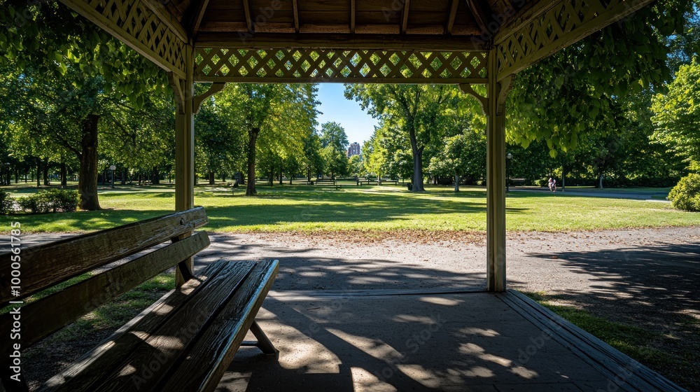 A serene park view from a gazebo, showcasing lush greenery and a tranquil atmosphere. A serene park view from a gazebo, showcasing lush greenery and a tranquil atmosphere.