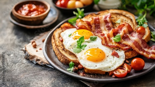 A delicious breakfast plate featuring eggs, bacon, toast, and cherry tomatoes.