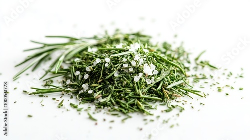 A pile of dried herbs, possibly rosemary, mixed with coarse salt on a white background.