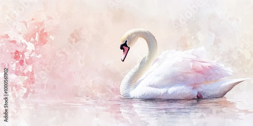 Fototapeta Naklejka Na Ścianę i Meble -  White swan in water with watercolor background.