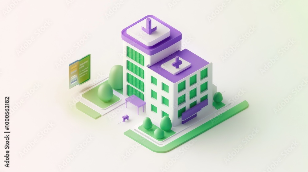 A stylized 3D building with green and purple elements, representing a modern office or facility. A stylized 3D building with green and purple elements, representing a modern office or facility.