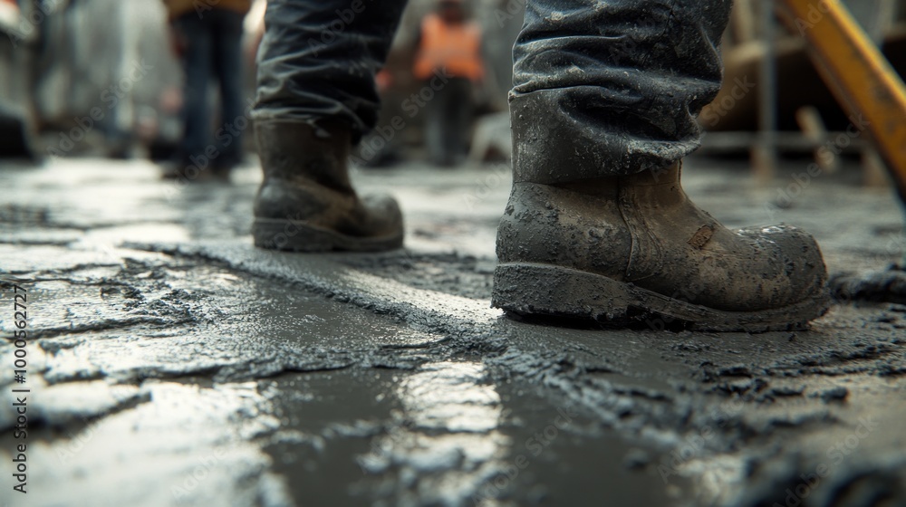 Workers' boots on wet concrete at a construction site, highlighting industry activity. Workers' boots on wet concrete at a construction site, highlighting industry activity.