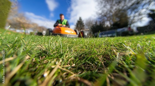 A person mowing grass in a garden on a sunny day.