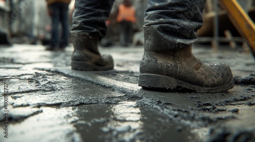 Workers' boots on wet concrete at a construction site, highlighting industry activity.