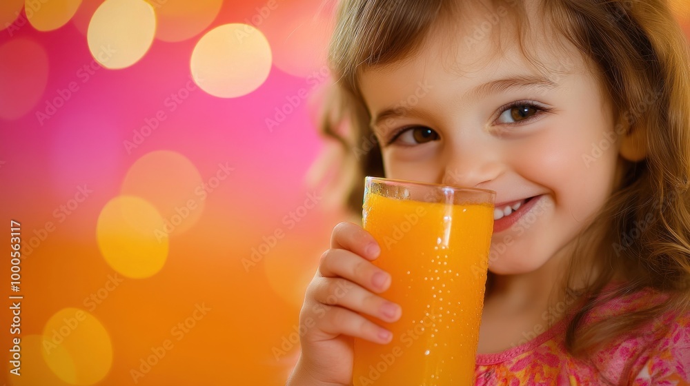 A cheerful child enjoying a refreshing orange drink with a colorful background. A cheerful child enjoying a refreshing orange drink with a colorful background.