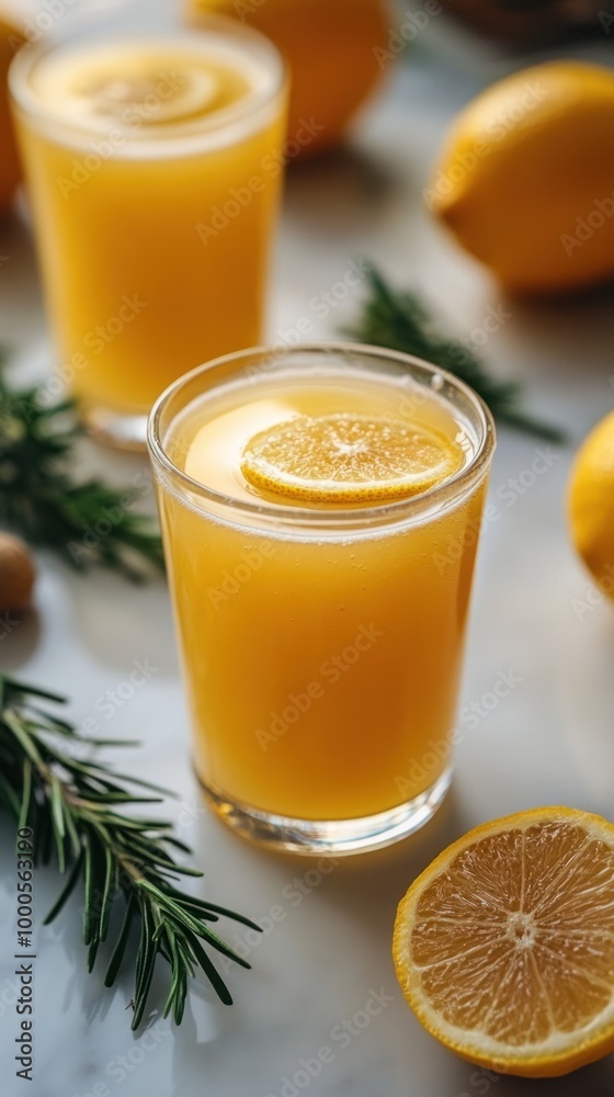 Fototapeta premium Two glasses of fresh lemonade with lemon slices and rosemary sprigs on a white marble surface.