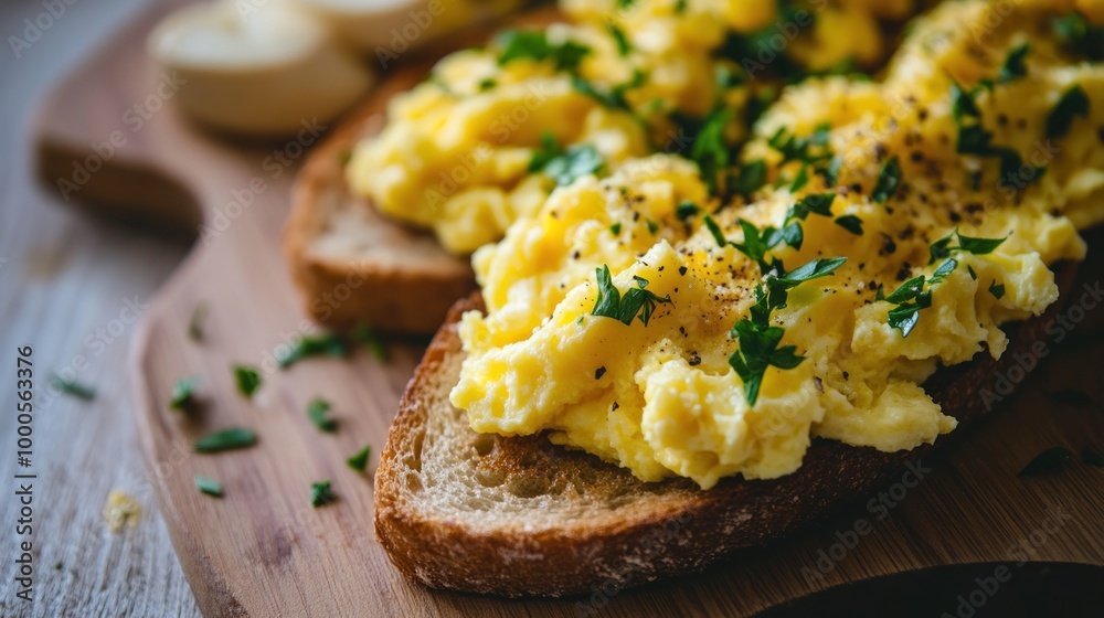 A wooden board with toast topped with fluffy scrambled eggs and garnished with herbs.