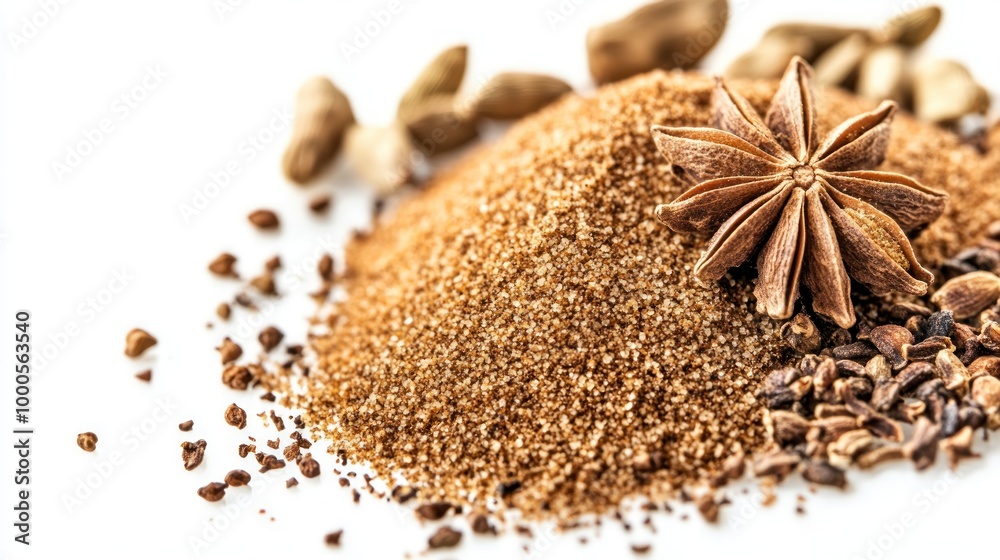 A close-up of various spices, featuring brown sugar and star anise, emphasizing culinary use. A close-up of various spices, featuring brown sugar and star anise, emphasizing culinary use.
