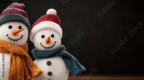 Cheerful Snowmen Couple in Hats and Scarves for Christmas Decorations