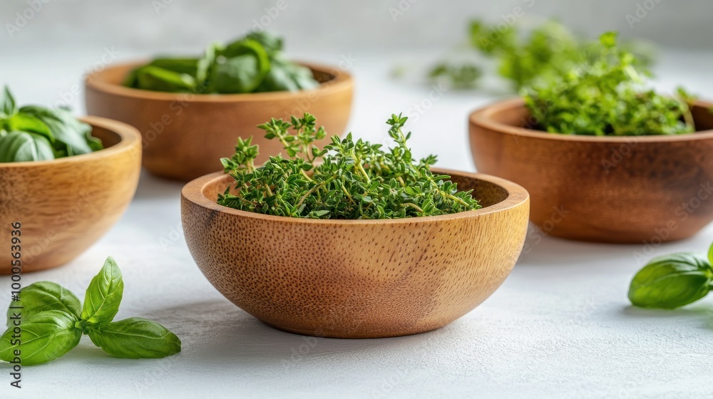 Fresh herbs in wooden bowls, showcasing vibrant greens for culinary use. Fresh herbs in wooden bowls, showcasing vibrant greens for culinary use.