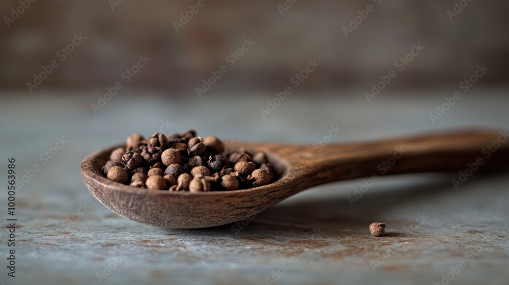 A wooden spoon filled with various spices on a textured surface. A wooden spoon filled with various spices on a textured surface.