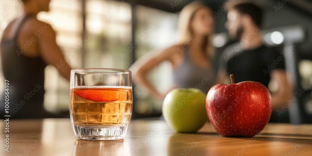 A glass of apple cider with two apples on a wooden table. The background is blurry and shows two people working out.