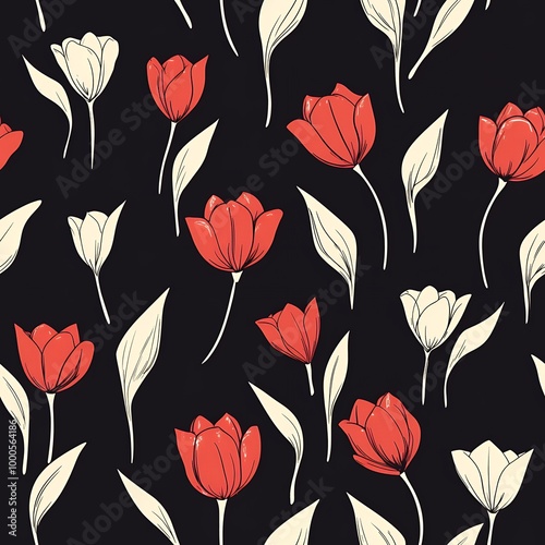 A seamless pattern, Elegant Floral Pattern With Red Tulips On Black Background