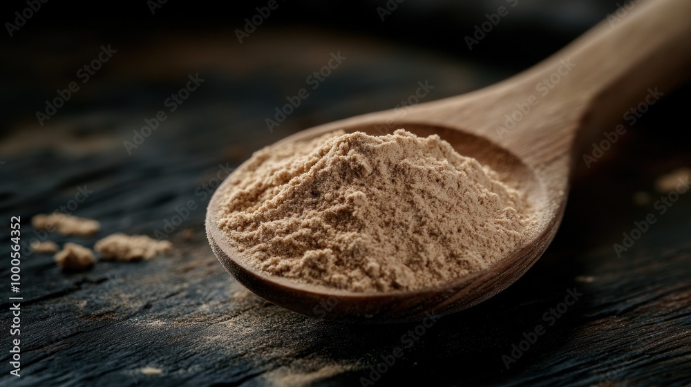 A wooden spoon holds a fine, light brown powder on a rustic wooden surface. A wooden spoon holds a fine, light brown powder on a rustic wooden surface.