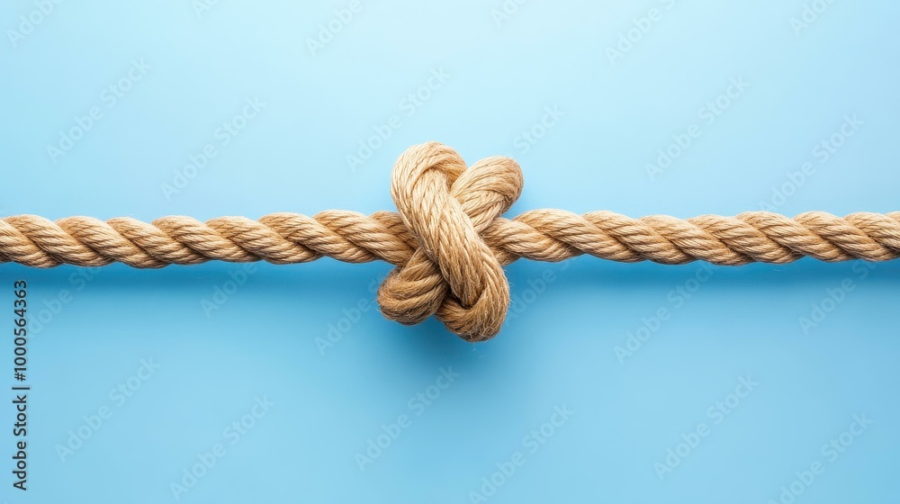 A closeup view of a strong knotted rope connection against a blue backdrop, showcasing unity and strength. A closeup view of a strong knotted rope connection against a blue backdrop, showcasing unity and strength.