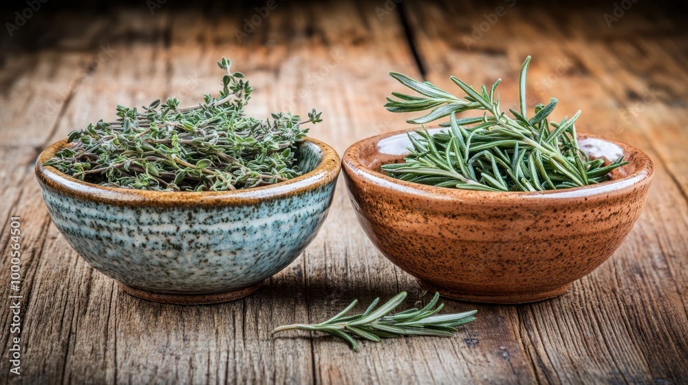 Two bowls containing fresh thyme and rosemary on a rustic wooden surface. Two bowls containing fresh thyme and rosemary on a rustic wooden surface.