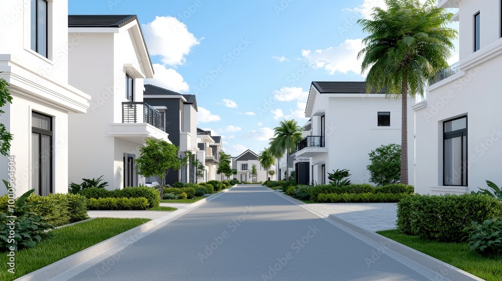 Modern Suburb Street with Houses Palm Trees and Lush Greenery Modern Suburb Street with Houses Palm Trees and Lush Greenery