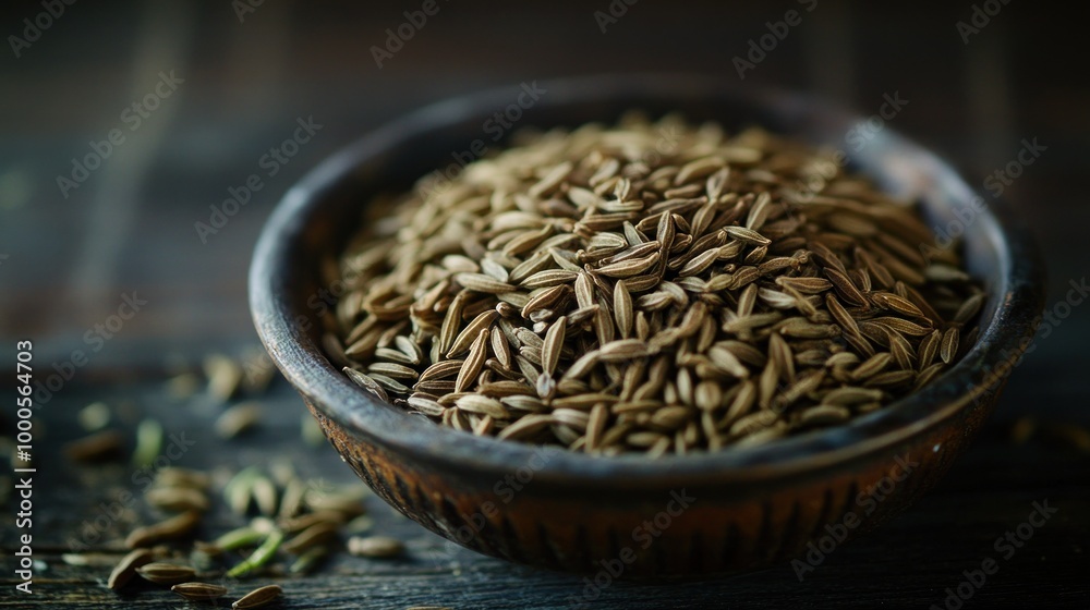 A bowl filled with cumin seeds on a wooden surface, highlighting culinary ingredients. A bowl filled with cumin seeds on a wooden surface, highlighting culinary ingredients.