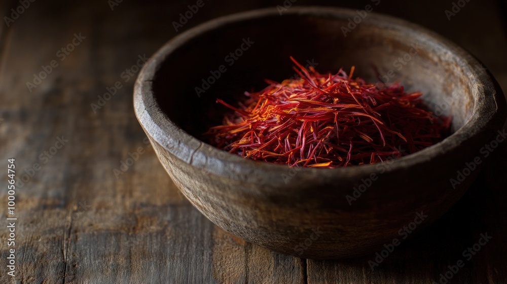 Fototapeta premium A wooden bowl filled with vibrant saffron threads, showcasing its rich color and texture.