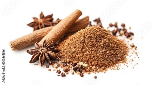 A collection of spices including cinnamon sticks, star anise, and ground spice.