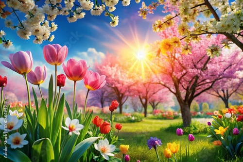 Vibrant Spring Backgrounds with Blossoming Flowers and Lush Greenery for Creative Projects and Designs