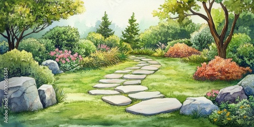 Fototapeta Naklejka Na Ścianę i Meble -  Stone path through a lush green garden.