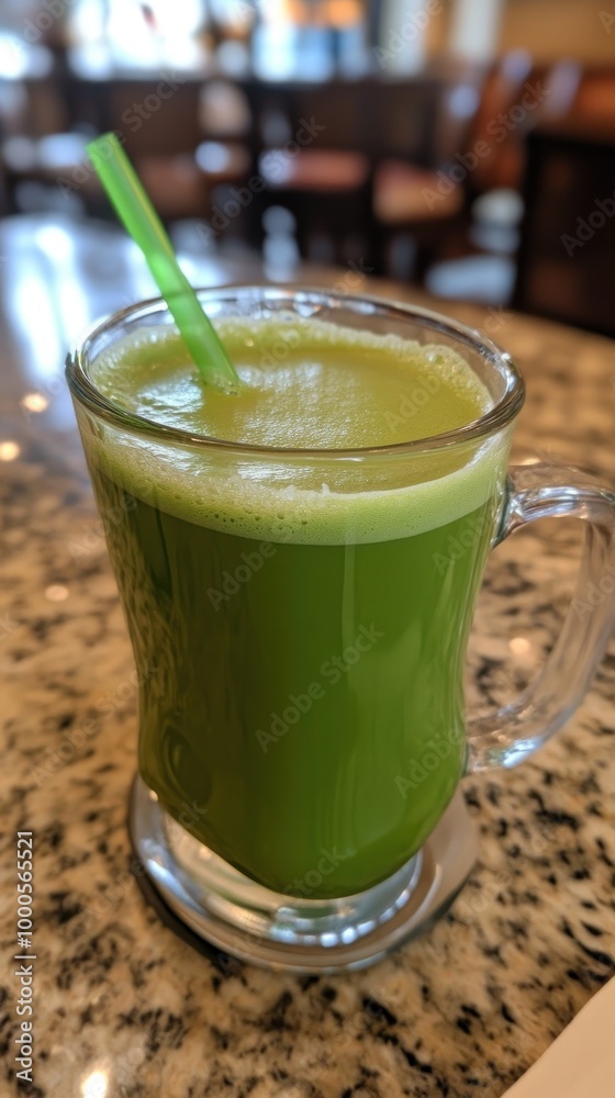 A glass of green juice with a green straw on a coaster. A glass of green juice with a green straw on a coaster.
