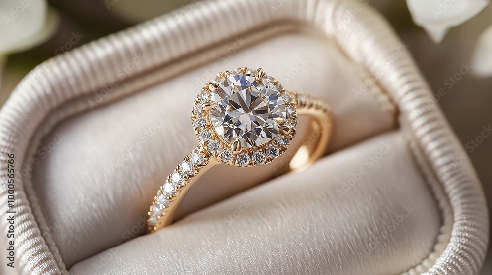 Elegant diamond ring with gold accents in a silk-lined box, radiating luxury and romance. Elegant diamond ring with gold accents in a silk-lined box, radiating luxury and romance.