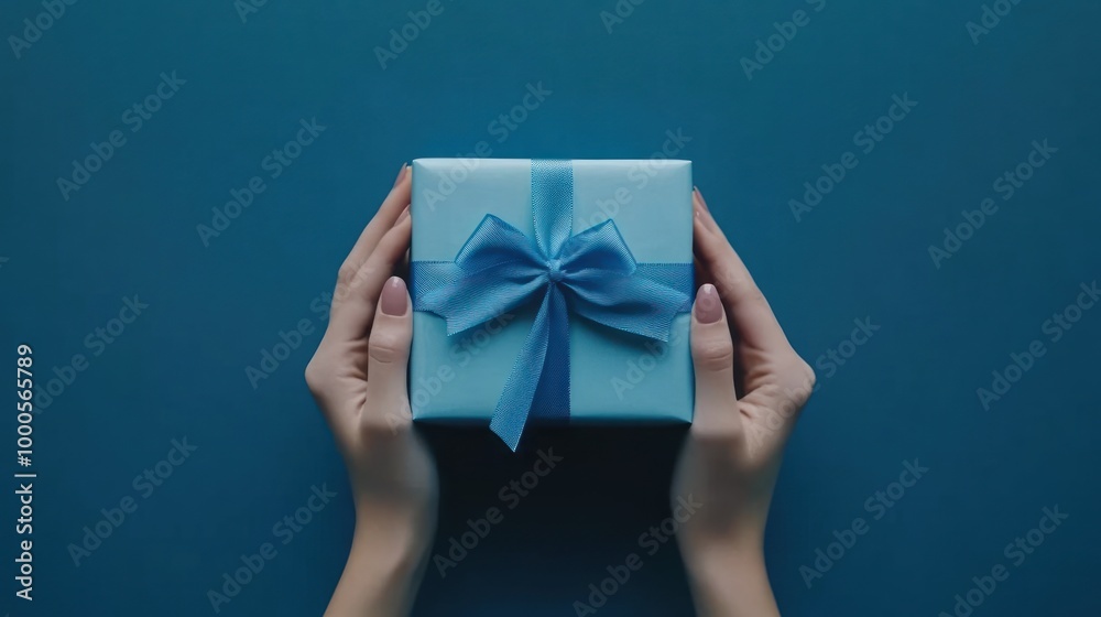 A pair of hands holding a beautifully wrapped blue gift box with a ribbon. A pair of hands holding a beautifully wrapped blue gift box with a ribbon.