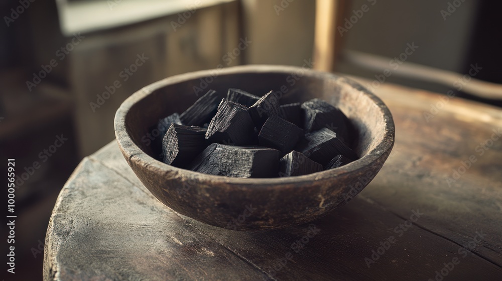 A rustic wooden bowl filled with charcoal pieces, set on a weathered table. A rustic wooden bowl filled with charcoal pieces, set on a weathered table.