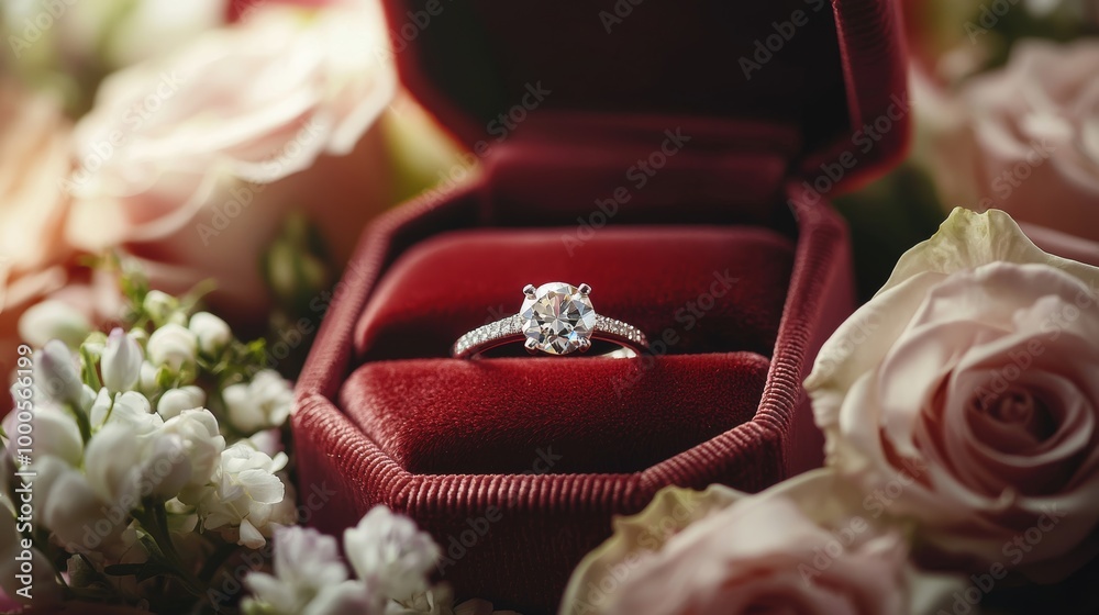 Sparkling diamond ring in a red velvet box with a romantic arrangement of pastel flowers. Sparkling diamond ring in a red velvet box with a romantic arrangement of pastel flowers.
