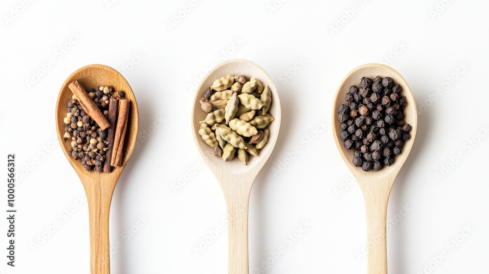 Three wooden spoons with various spices displayed on a white background. Three wooden spoons with various spices displayed on a white background.