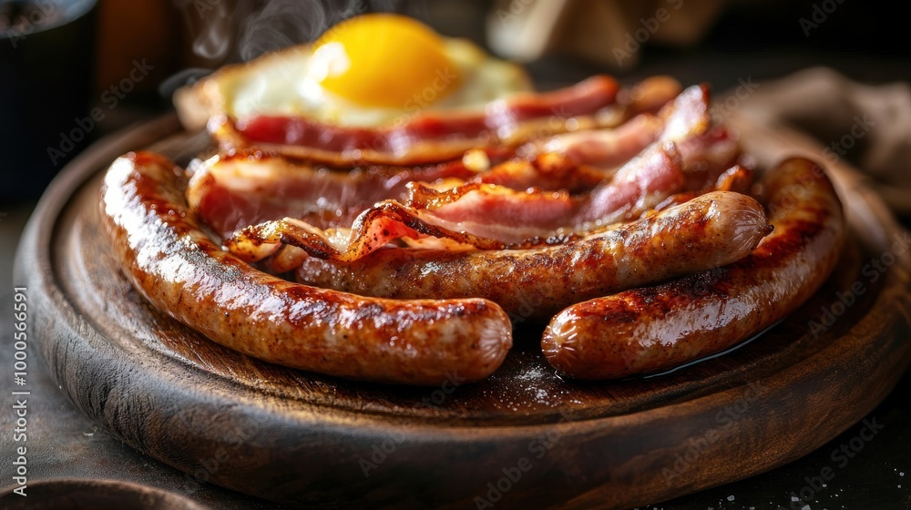 A delicious breakfast platter featuring sausages, bacon, and a sunny-side-up egg. A delicious breakfast platter featuring sausages, bacon, and a sunny-side-up egg.