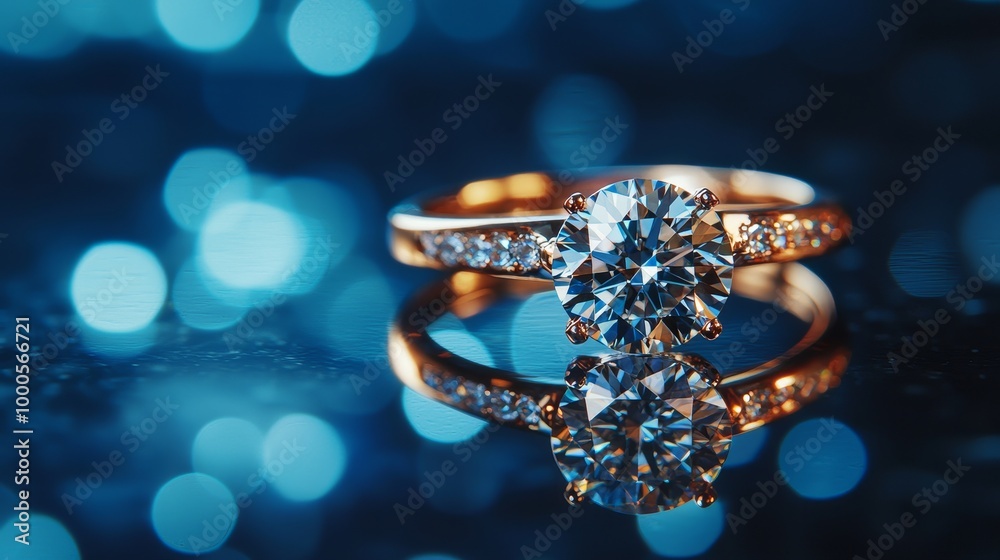 Exquisite gold ring with a floral design and large diamond, set against a dark blue, softly focused backdrop. Exquisite gold ring with a floral design and large diamond, set against a dark blue, softly focused backdrop.