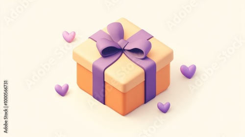 A colorful gift box adorned with a bow, surrounded by small hearts, symbolizing celebration.